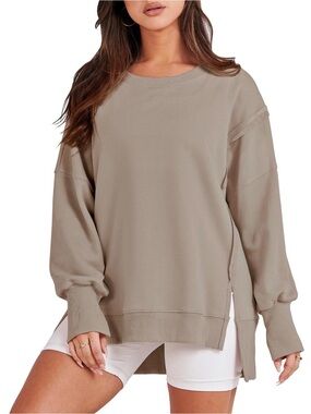 Women’s Oversized Taupe Crewneck Side Silt Casual Pullover Sweatshirt Size Xs